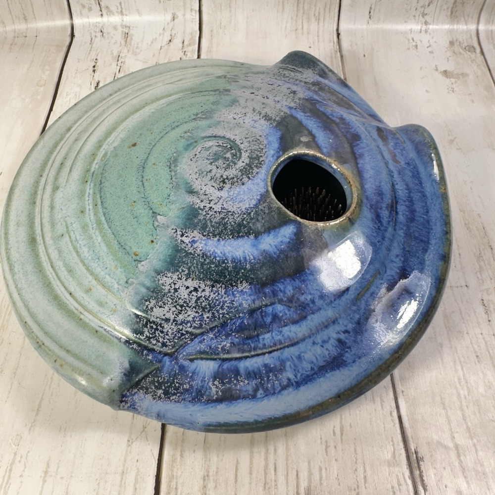 VTG Handmade Ikebana Pottery Vase W/ Floral Frog Blue & Green Glaze Signed Colby